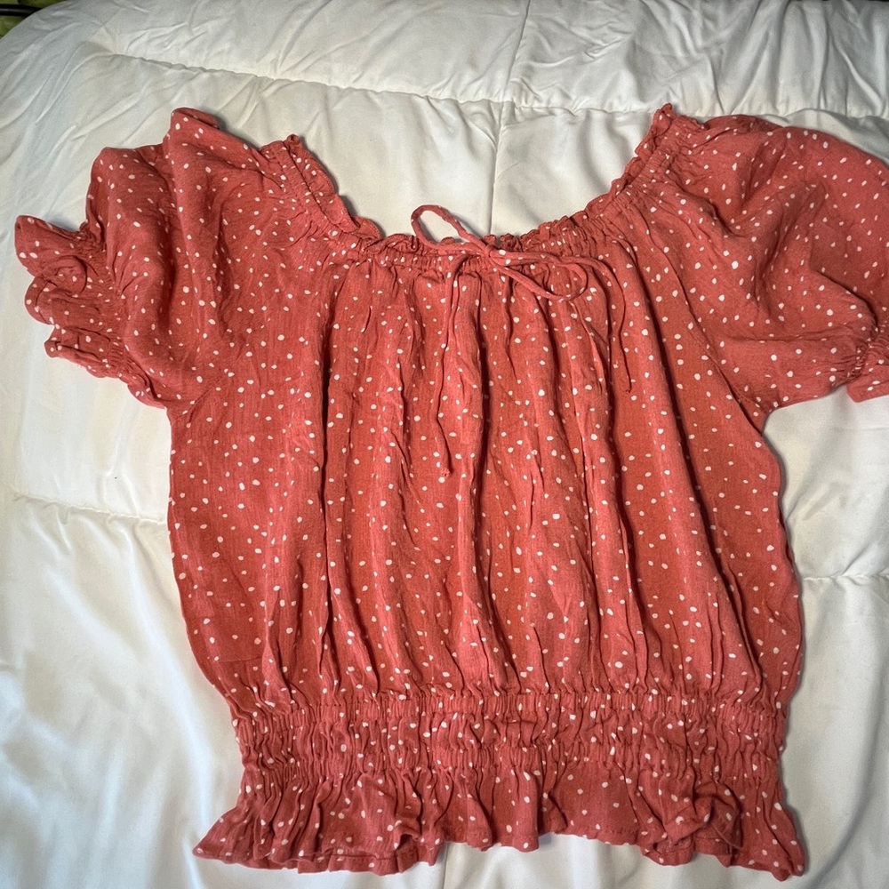 Wallflower Coral Polka Dot Smocked Blouse